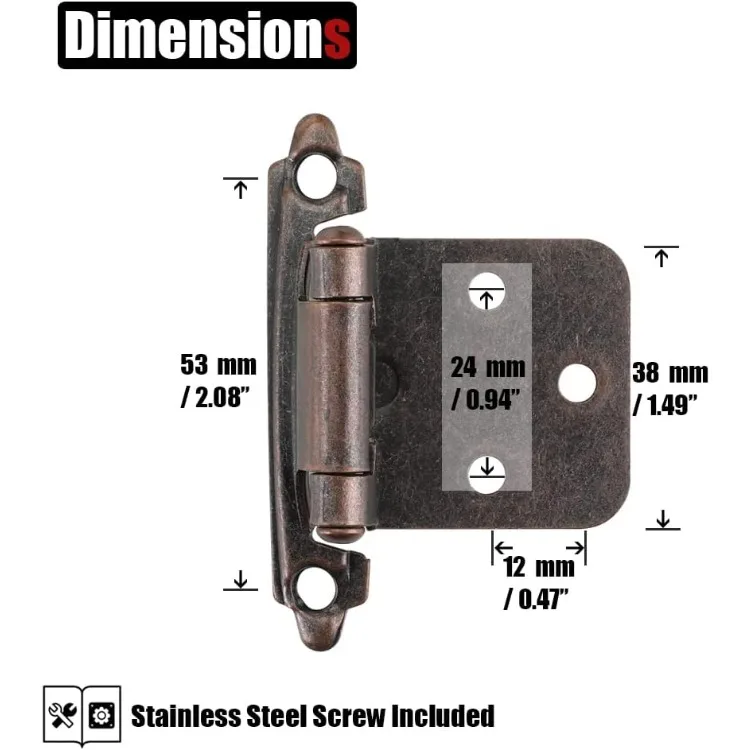 1/2 Inch Overlay Cabinet Door Hinges Oil Rubbed Bronze, 50 Pack 25 Pairs Flush Face Mount Cupboard Self-Closing Kitchen Cabi