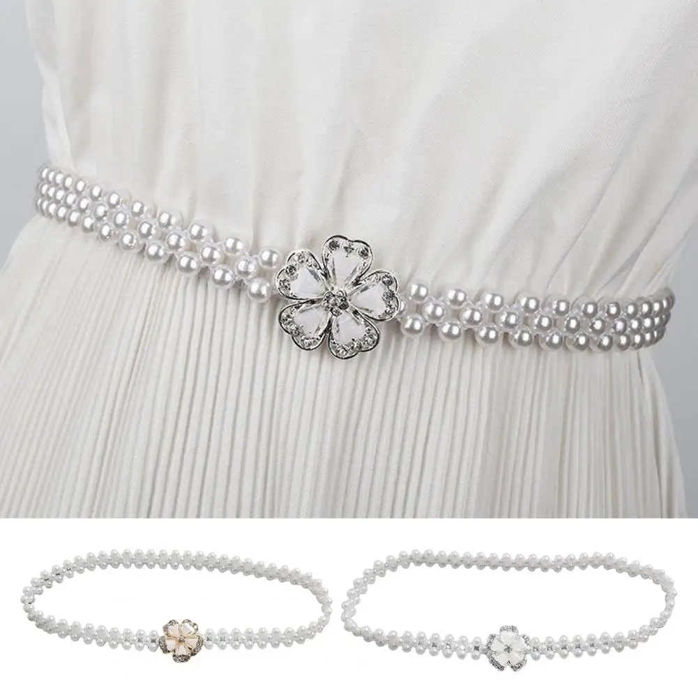 Versatile Waist Chain Elegant Rhinestone Floral Pearl Decorative Waist Chain for Women Fashionable Sweet Dress Elastic Belt