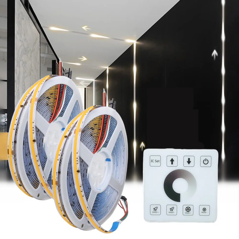 

COB Running Water Flowing LED Strip Light, DC 24V WS2811 IC Pixel, Flexible Ribbon, Horse Race Lamp with Touch Switch Controller