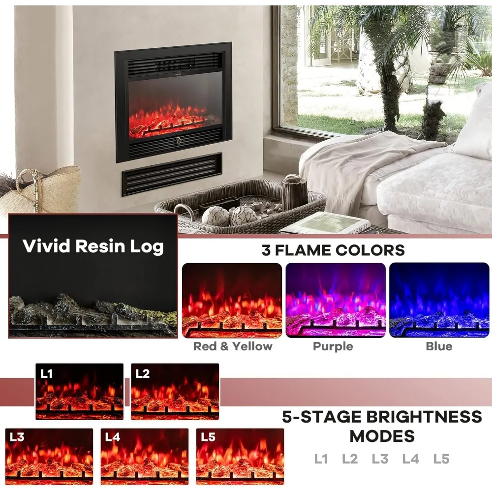 28.5 Wall-Mounted Electric Fireplace, Adjustable 3-Color Flames, Remote Control Included
