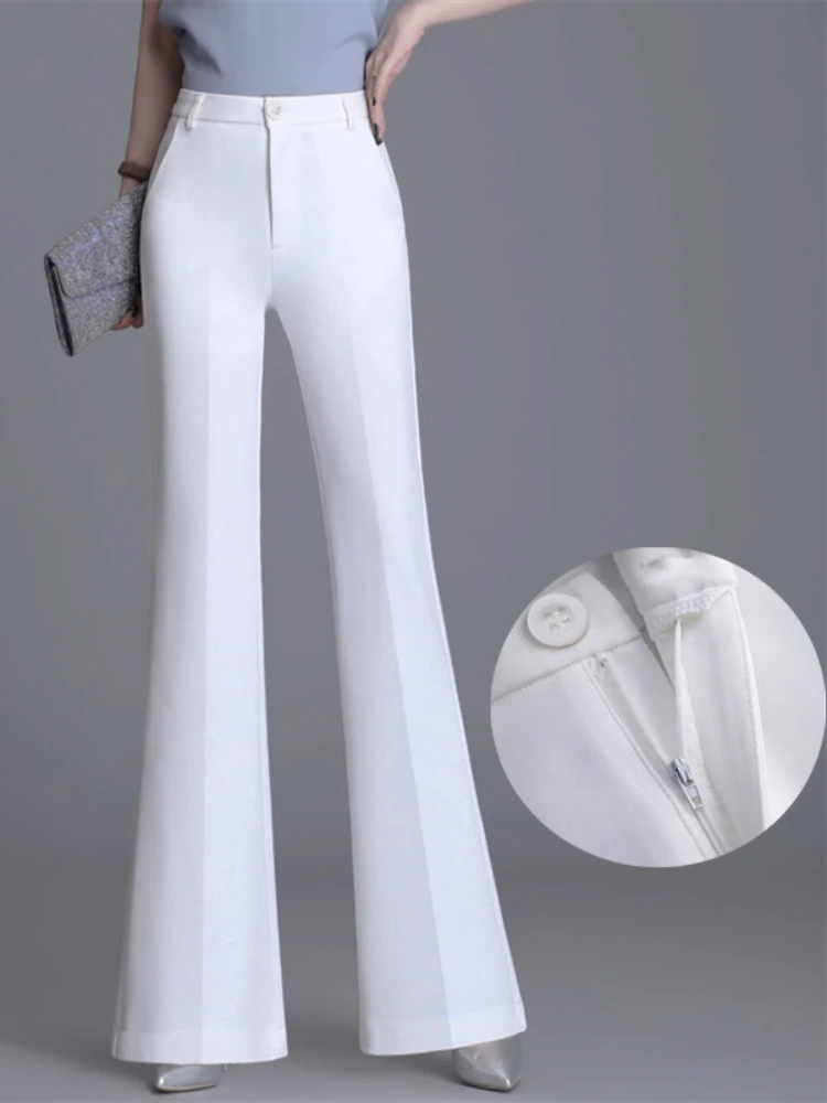 Klassieke Slanke Witte Flare Broek Voor Vrouwen 2023 Zomer Dunne Klokbodem Pantalones Hoge Taille Office Lady Pak Broek Ademend