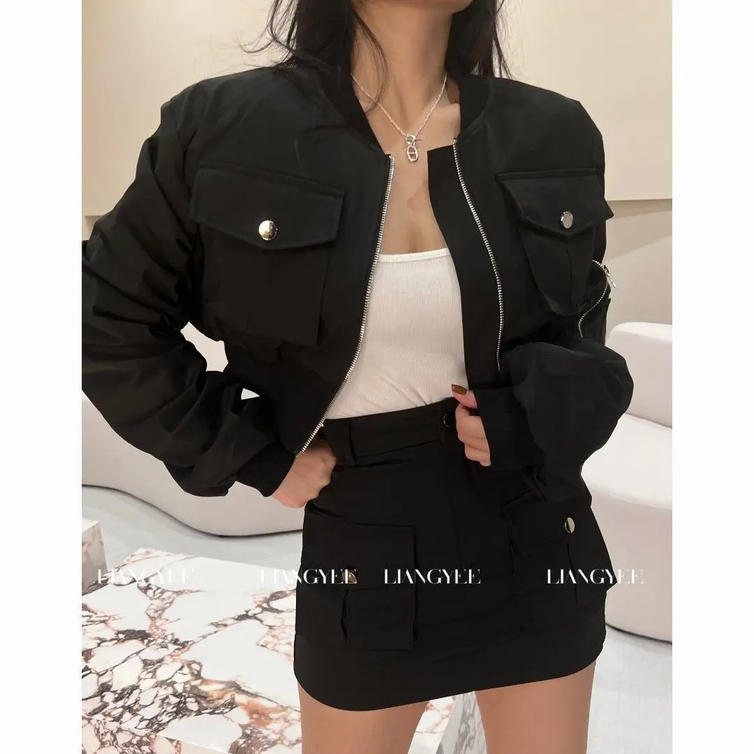 Short Bomber Jackets Women Zipper Baseball Uniform Cropped Cargo Coat Two-Piece Suit Vintage Korean Casual Black Outerwear Tops