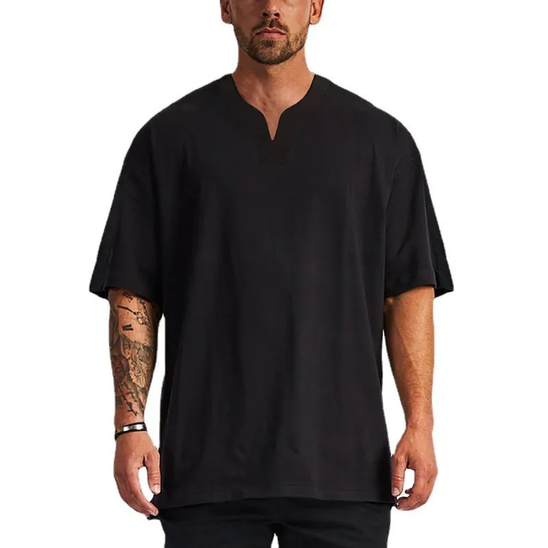 Mens Oversized Small V Neck T Shirt Dropped Shoulders Hip Hop Loose Gym Clothing Half Sleeve Cotton Fitness Bodybuilding T-shirt