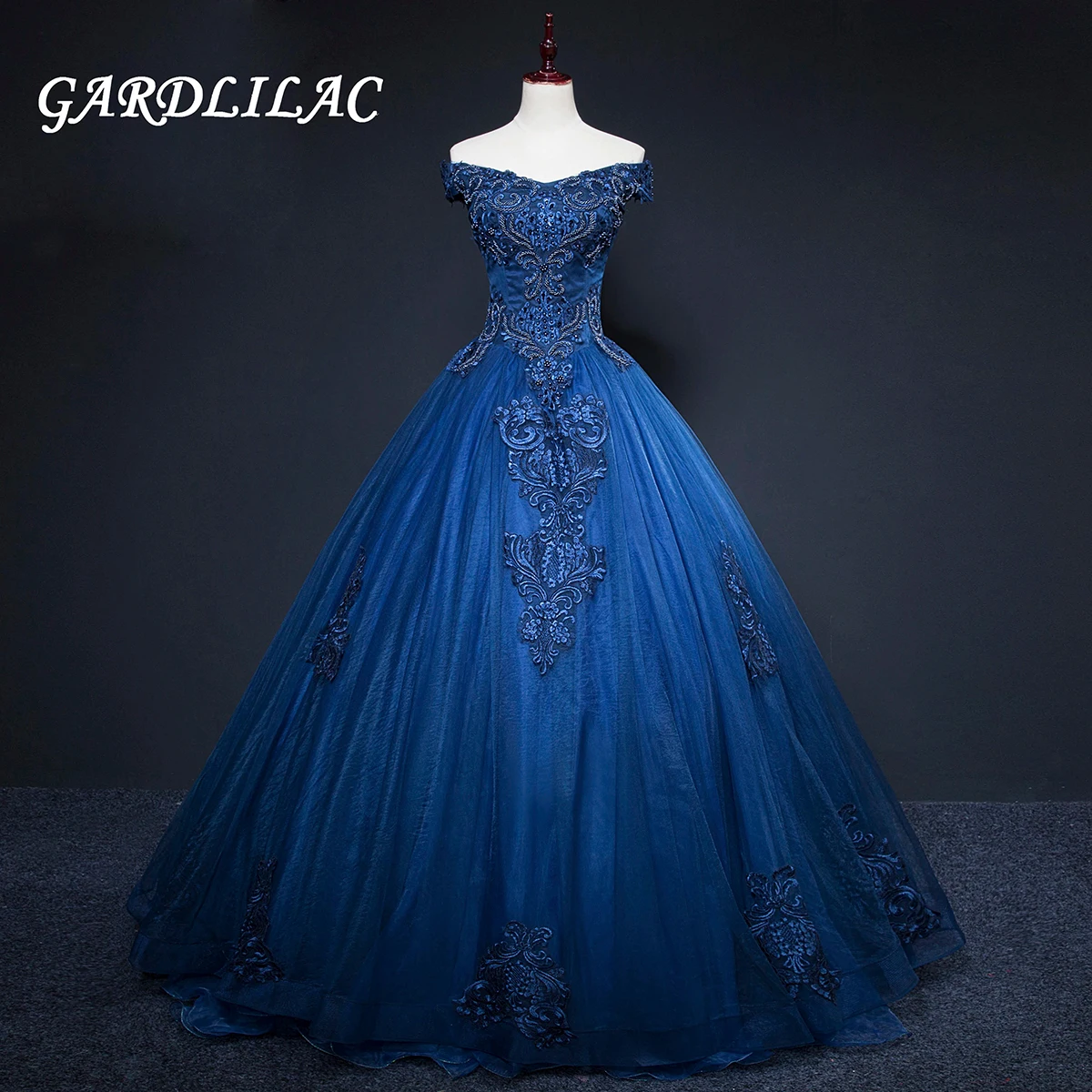 New Off The Shoulder Quinceanera Dresses Lace Appliques navy Blue Long Prom Ball Gowns