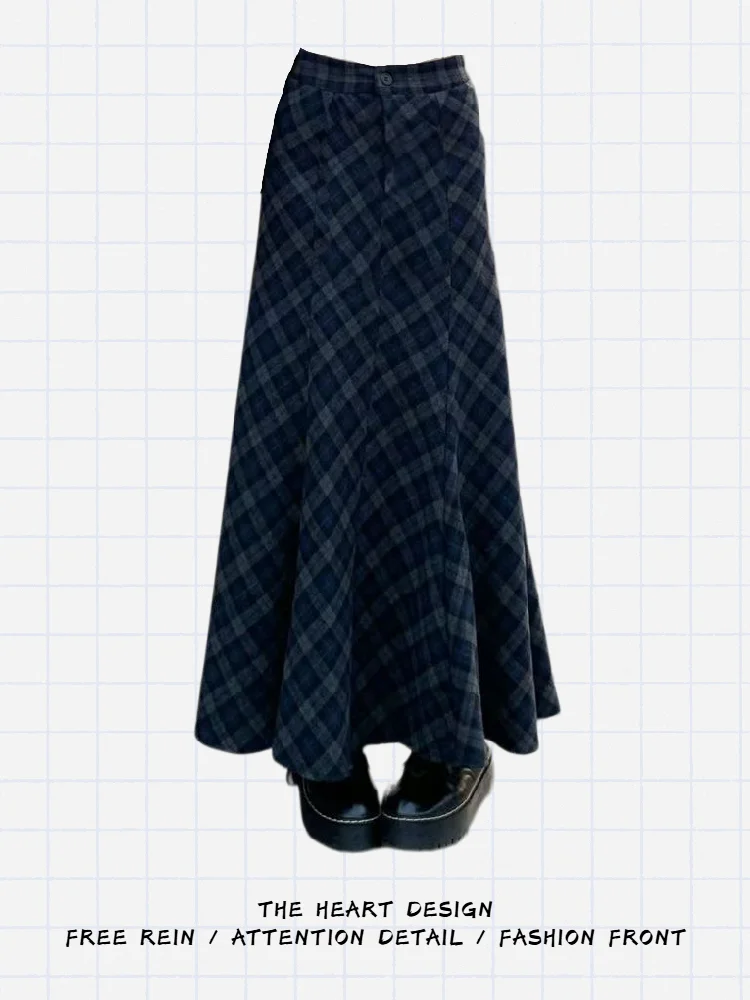 

Американская джинсовая юбка А-силуэта в клетку синего цвета с дизайнерским узором, женская, осенне-зимняя, утягивающая, с высокой талией, на хлопковой подкладке, повседневная, S...