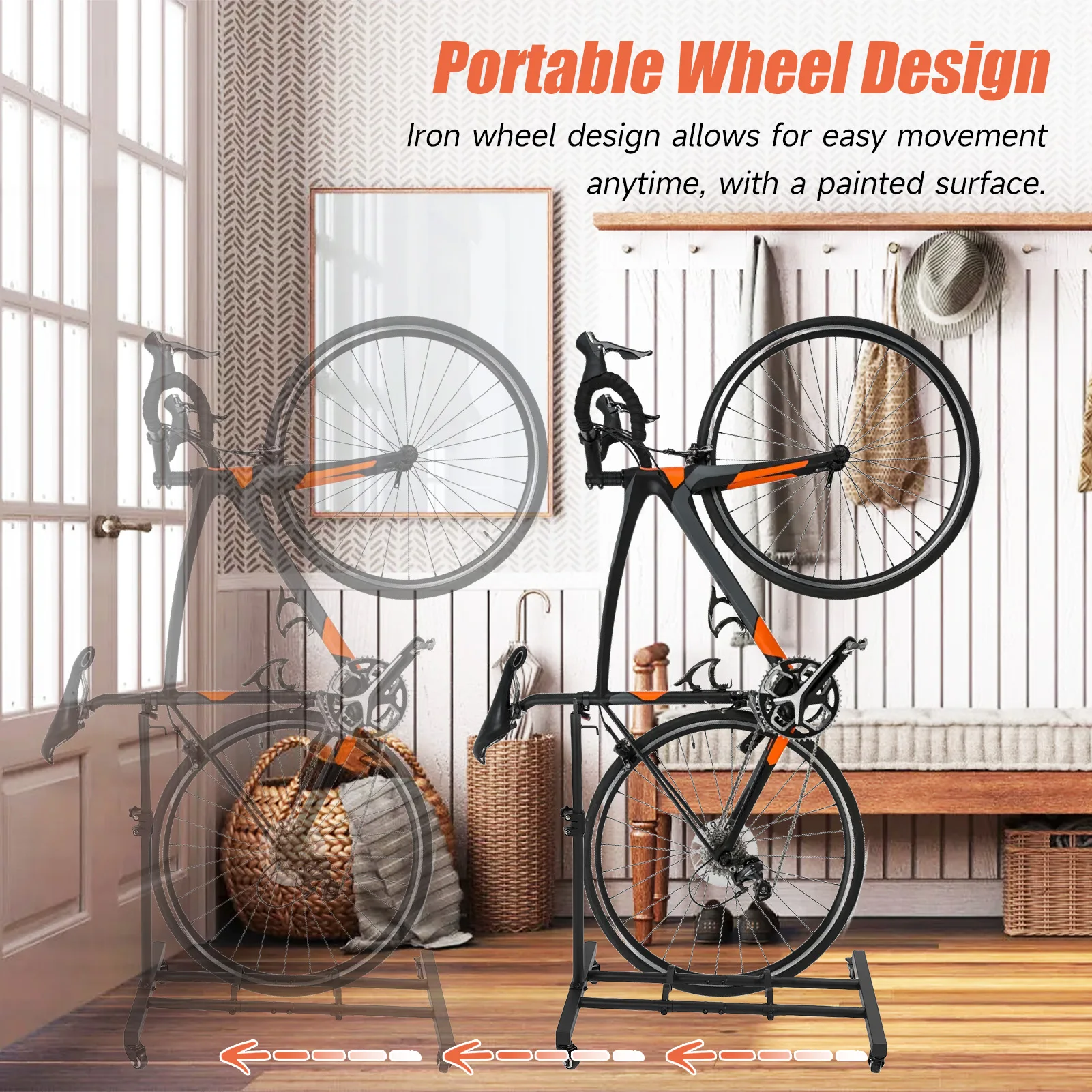 

Portable Bike Rack with Iron Wheel, Adjustable Support for Multiple Bike Sizes, High Toughness Low Carbon Steel, GK001