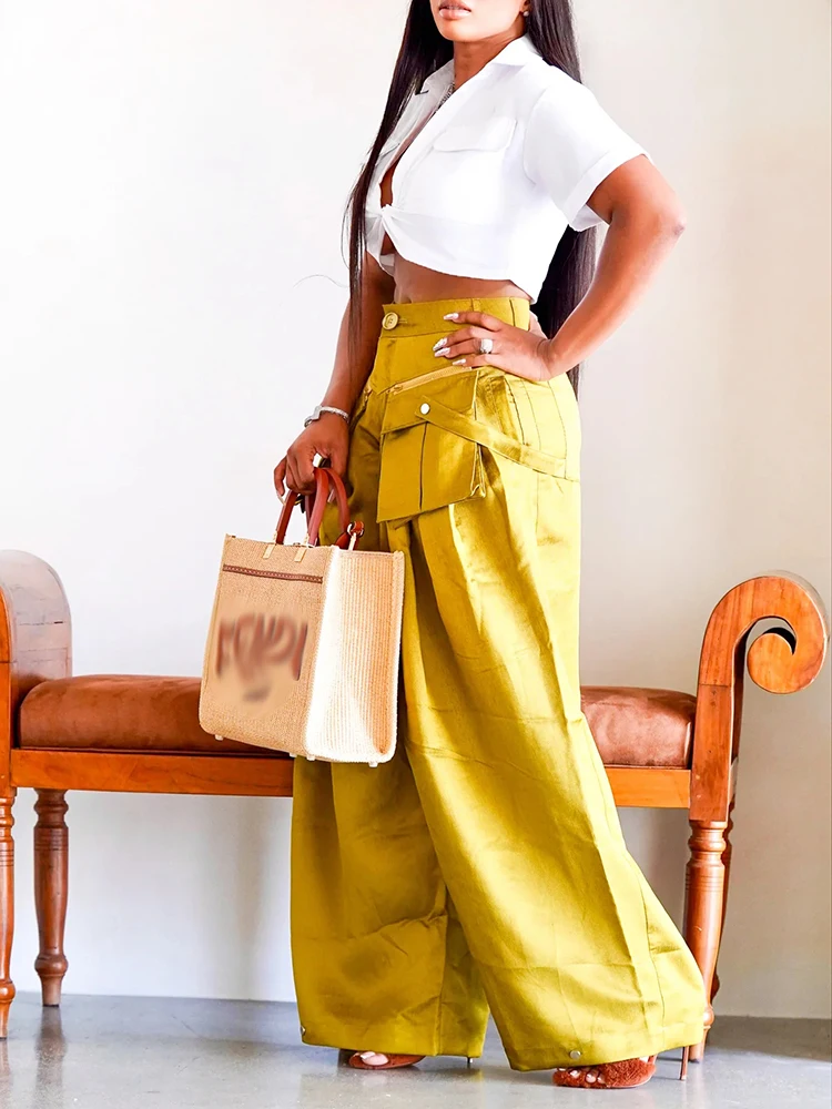CHICEVER Patchwork Pockets Chic Pant For Women High Waist Streetwear Solid Loose Wide Leg Pant Female Spring Fashion Clothing