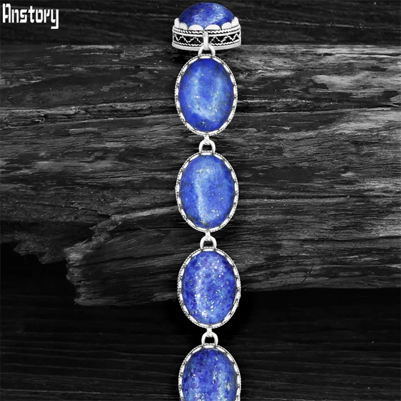 

Natural Oval Lapis Lazuli Bracelet For Women Vintage Antique Silver Plated Flower Pendant Fashion Jewelry Party Gift TB276