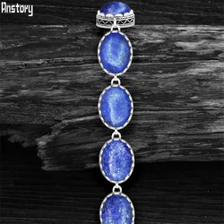 Natural Oval Lapis Lazuli Bracelet For Women Vintage Antique Silver Plated Flower Pendant Fashion Jewelry Party Gift TB276