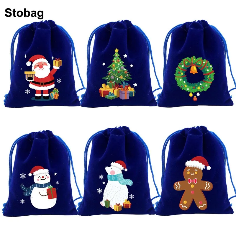 

StoBag 5pcs Merry Christmas Velvet Bags Candy Gift Packaging Small Drawstring Storage Child Kids Pocket Pouches Party Favors