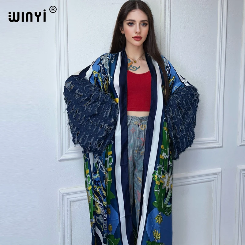 WINYI kimono Africa maxi dress beach wear cover-up elegant Cardigan beach outfits for women Broke jeans sleeves design sexy coat