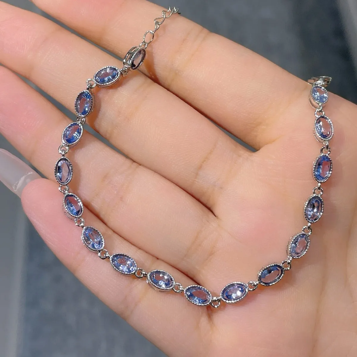 

S925 Sterling Silver Natural Tanzanite Bracelet, Full Pavé Diamond Luxury Minimalist Jewelry