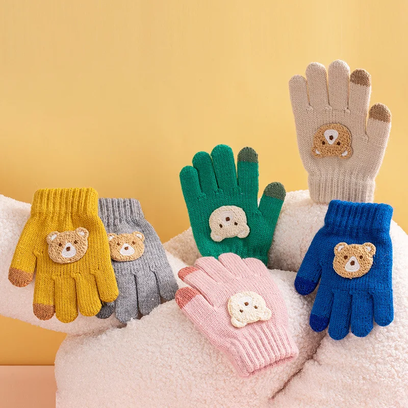 2-6 year old cartoon bear baby gloves with crochet hooks, thick winter warmth knitted gloves, boys, girls, and children's thick