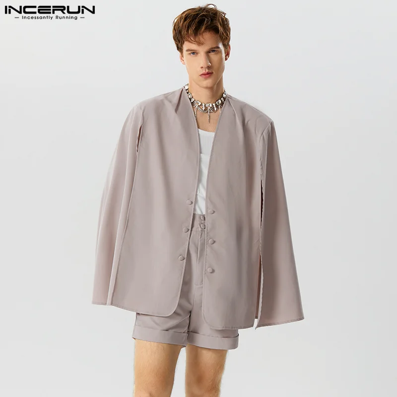 INCERUN 2023 Men Sets Solid Color Streetwear Long Sleeve Hollow Out Irregular Cloak & Shorts 2PCS Fashion Men Casual Suits S-5XL