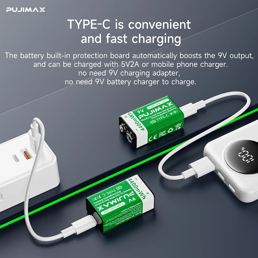 PUJIMAX USB 9V Rechargeable Battery 4400mWh Type-C Rechargeable 6F22 9V Li-ion Battery for RC Helicopeter Model Multimeter 10000 Cycles with Free USB- C Cables