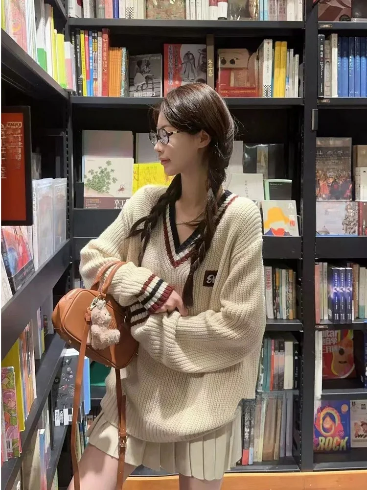 

Корейский свитер большого размера с V-Ne, женский зимний белый свободный вязаный топ, ленивый высококачественный свитер для поездок на работу