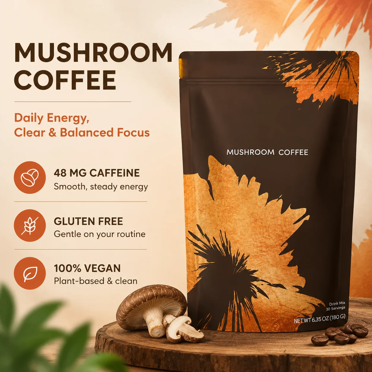Organic Mushroom Coffee - Lion's Mane, Reishi & MCT Oil - Focus & Clean Energy Support - 30 Servings, Vegan & Gluten-Free