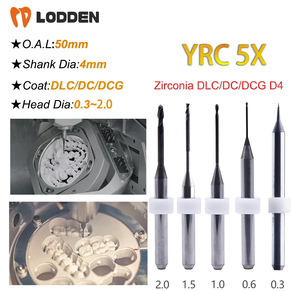 YRC 5X Zirconia Milling Burs DLC/DC/DCG Diamond Coating D4 Shank 50mm Length 0.3/0.6/1.0/2.0mm YRC 5X Dental Milling Burs