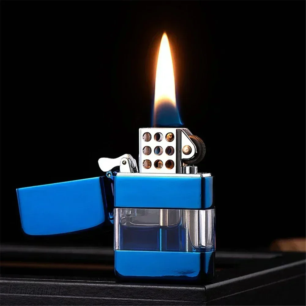 Metal Transparent Oil Tank Retro Lighters Grinding Wheel Windproof  Petrol Lighter Men's Gift Cigarette Accessories