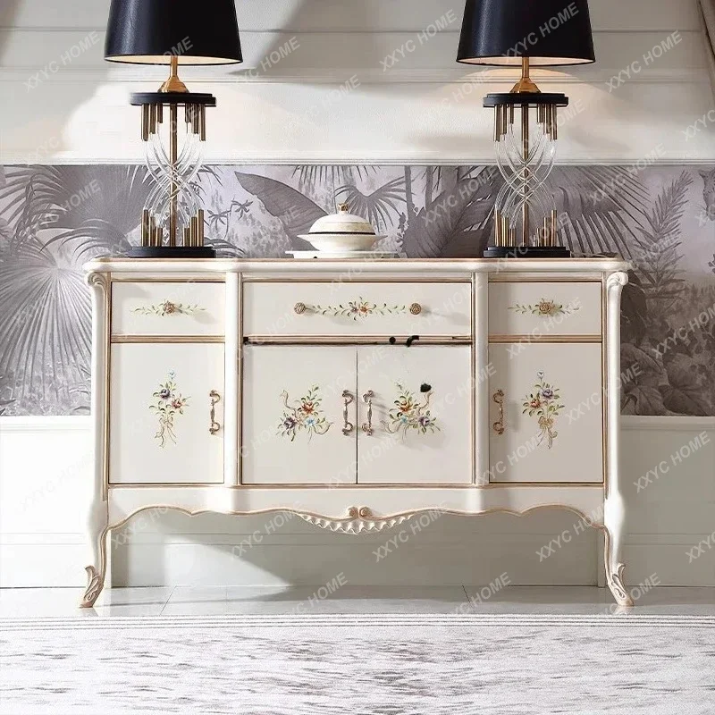 

G French-style painted entrance cabinet European-style villa hand-carved art decorative cabinet Solid wood dining side cabinet
