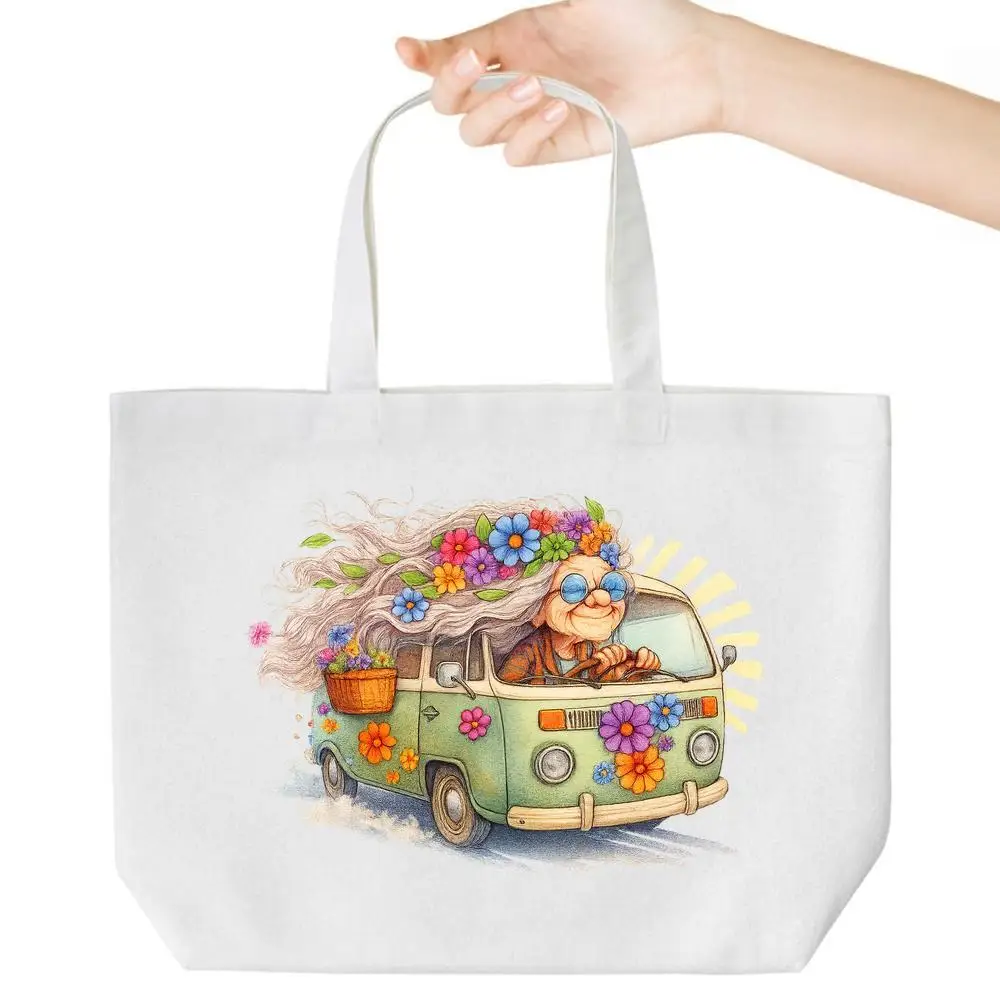 

Vintage Hippie Van Tote. Retro floral print for trips, school & beach. A groovy everyday bag.
