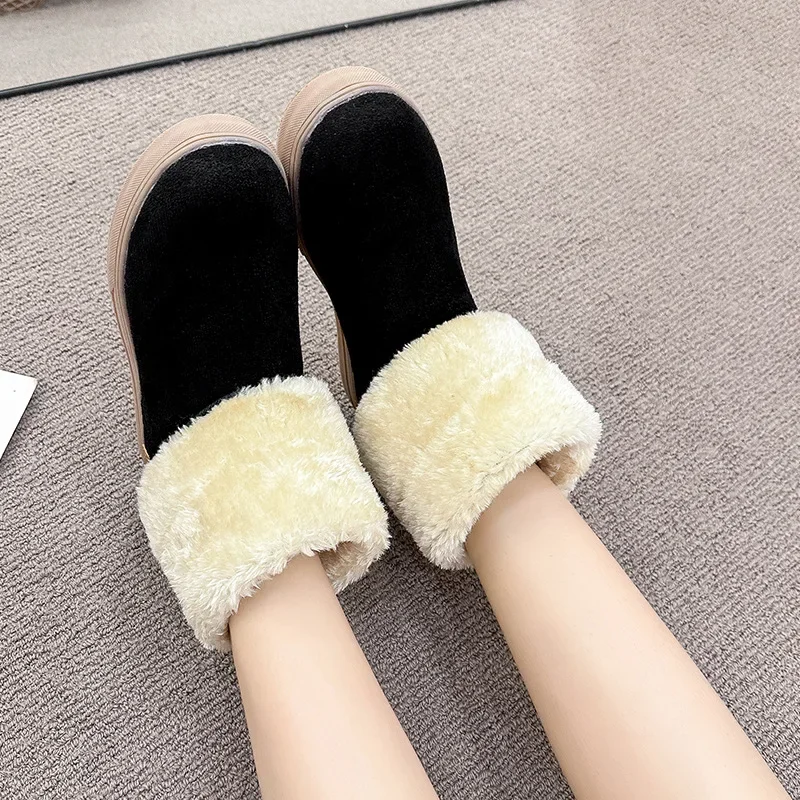 2024 New Shoes for Women Slip on Women\' Boots Winter Round Toe Solid Flock Plush Warm Comfortable Low-heeled Mid Calf Snow Boots