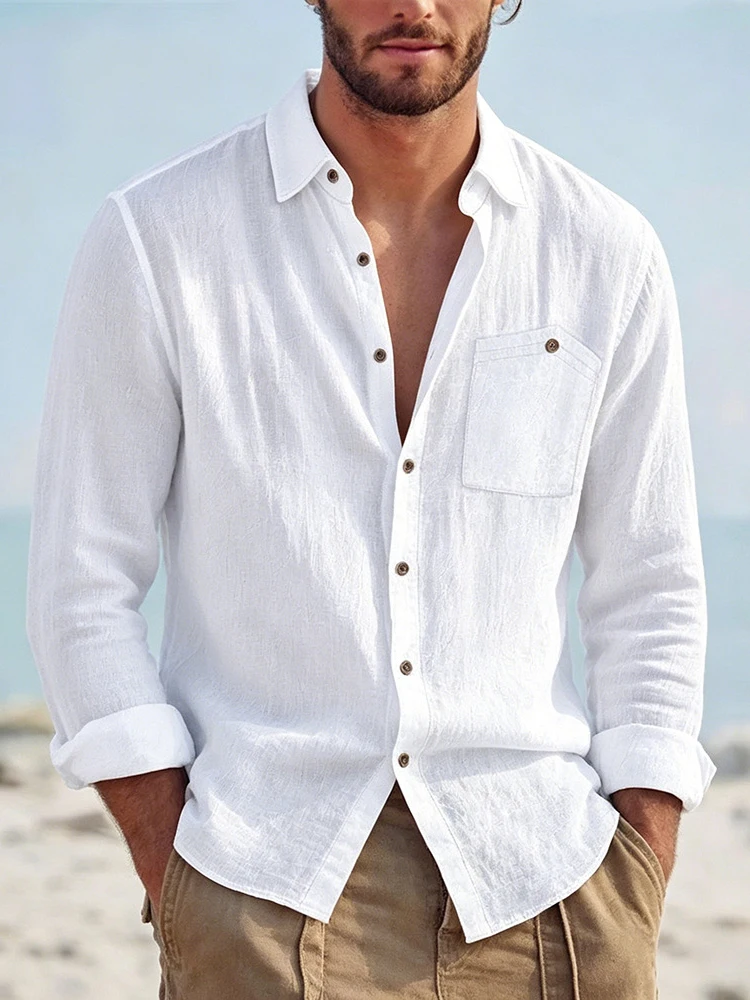 Beach Vacation Casual Mens Shirts Long Sleeve Solid Color Loose Breathable Linen Shirt For Men Spring Autumn Fashion Cardigans