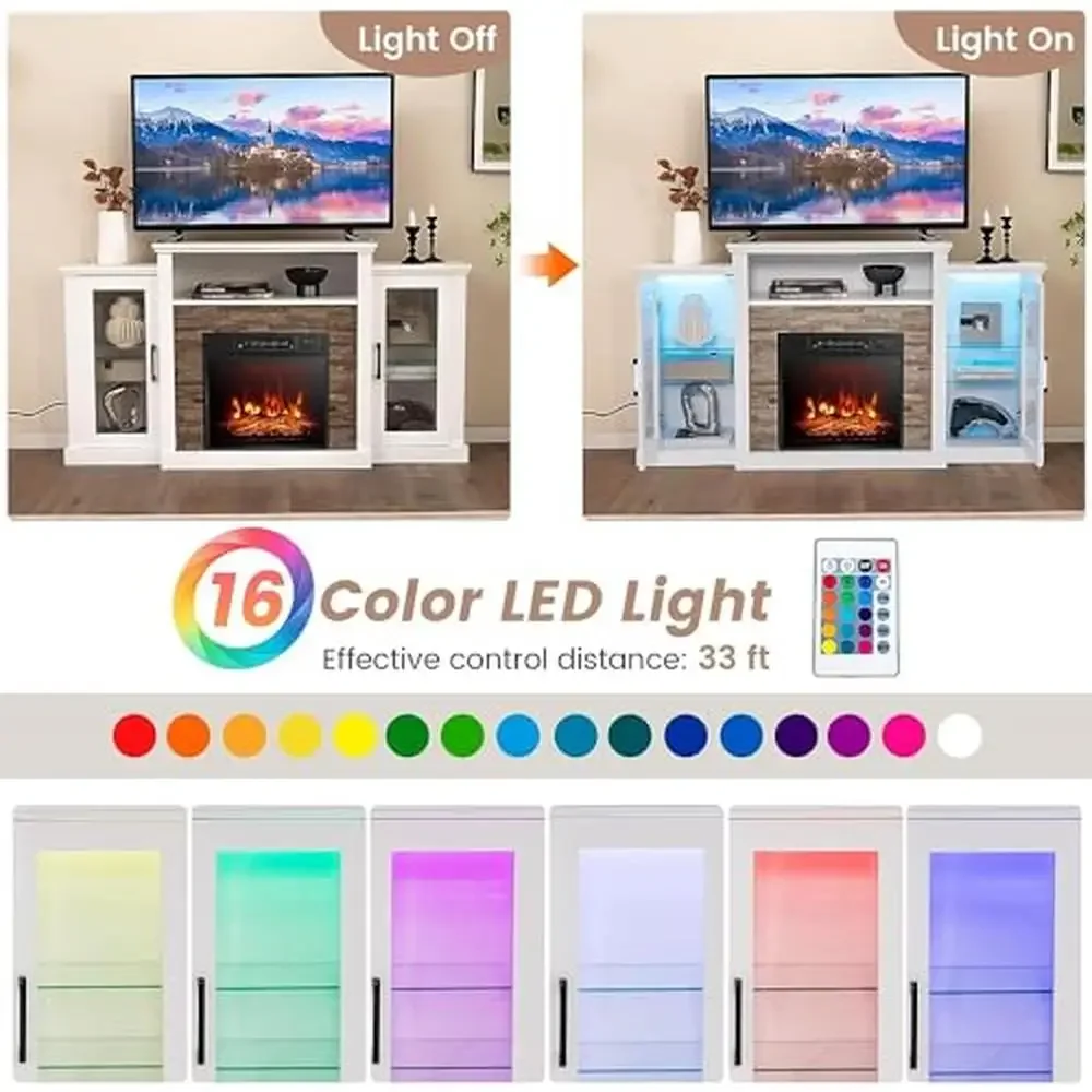 TV Stand Console with 16-Color LED Light & Adjustable Glass Shelves 59’’ Media Cabinet with 19’’ Fireplace Insert Remote Control