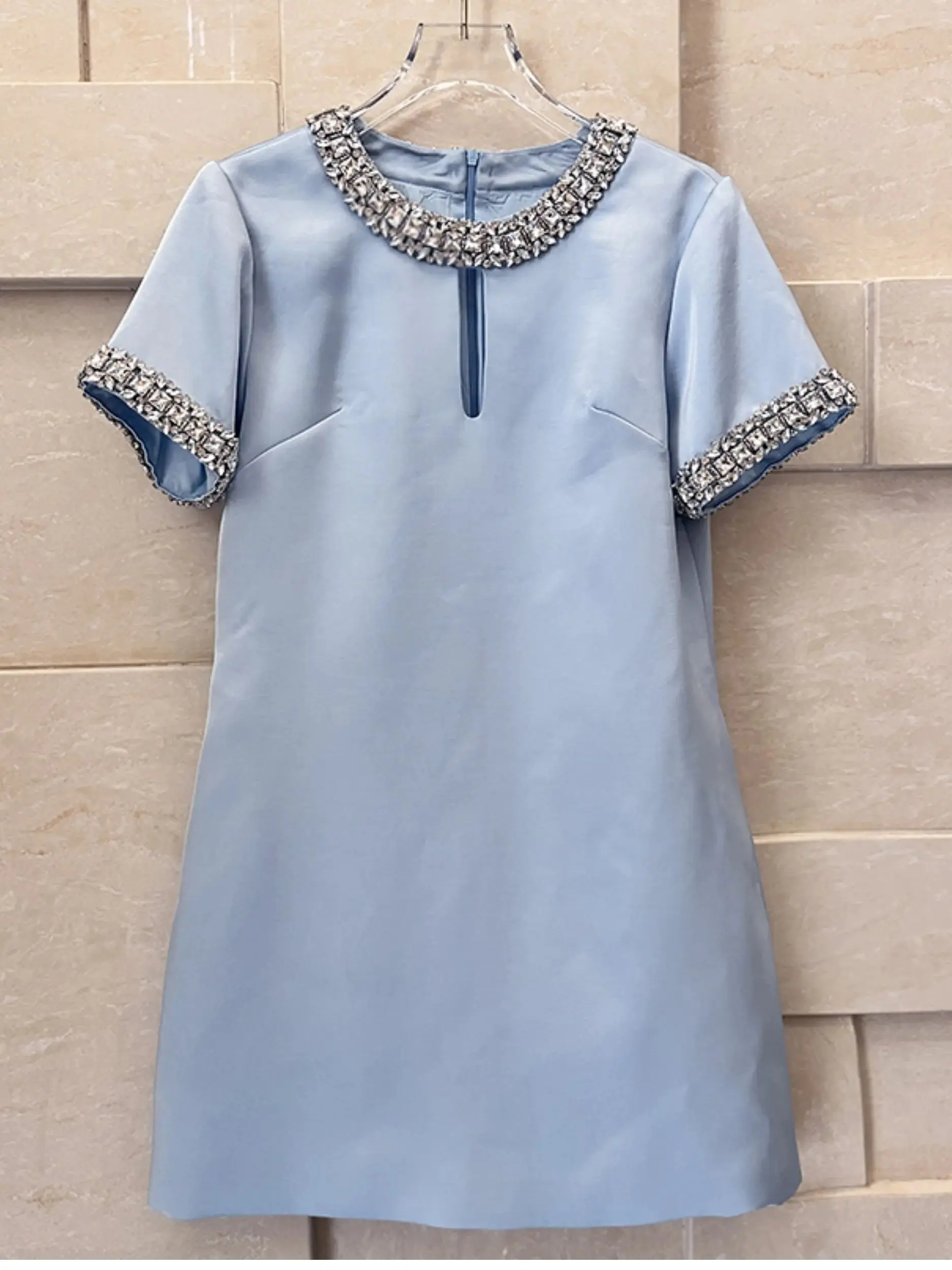 

HIGH STREET Newest 2024 Fashion Stylish Designer Women's Metallic Diamonds Beading Round Collar Short Sleeve Dress