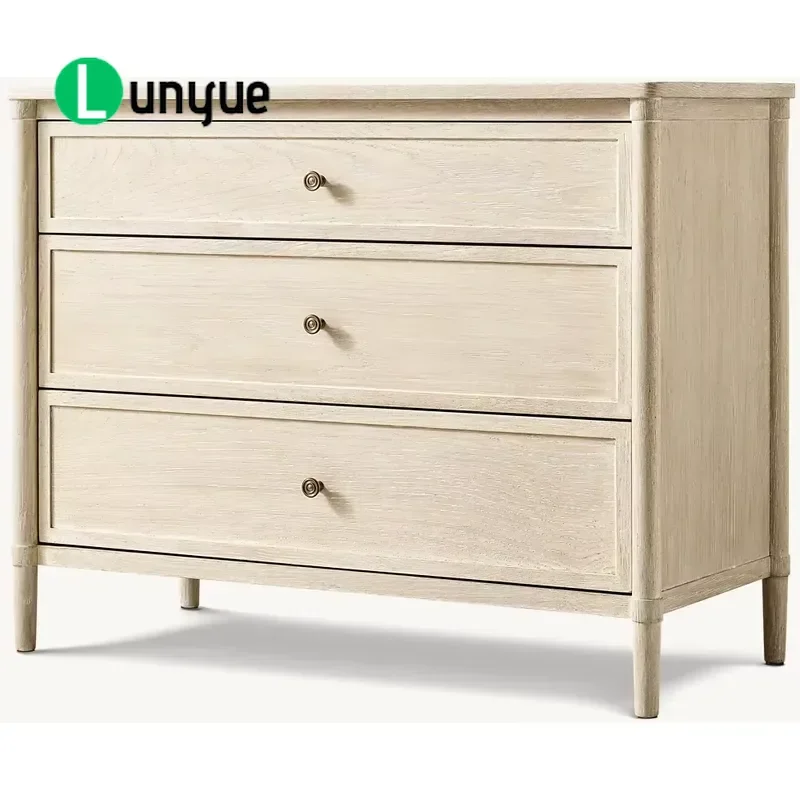 Solid Wood Three Drawer Cabinet White Oak Finish Simple Cylindrical Legs Modern Eco Friendly Durable Bedroom Dresser Storage