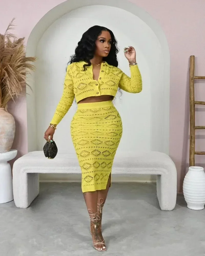

GUWU Autumn Knitted 2 Piece Sets Women Winter Outfit Clothing Single-breasted Crop Top and Midi Skirt Sweater Matching Sets Club