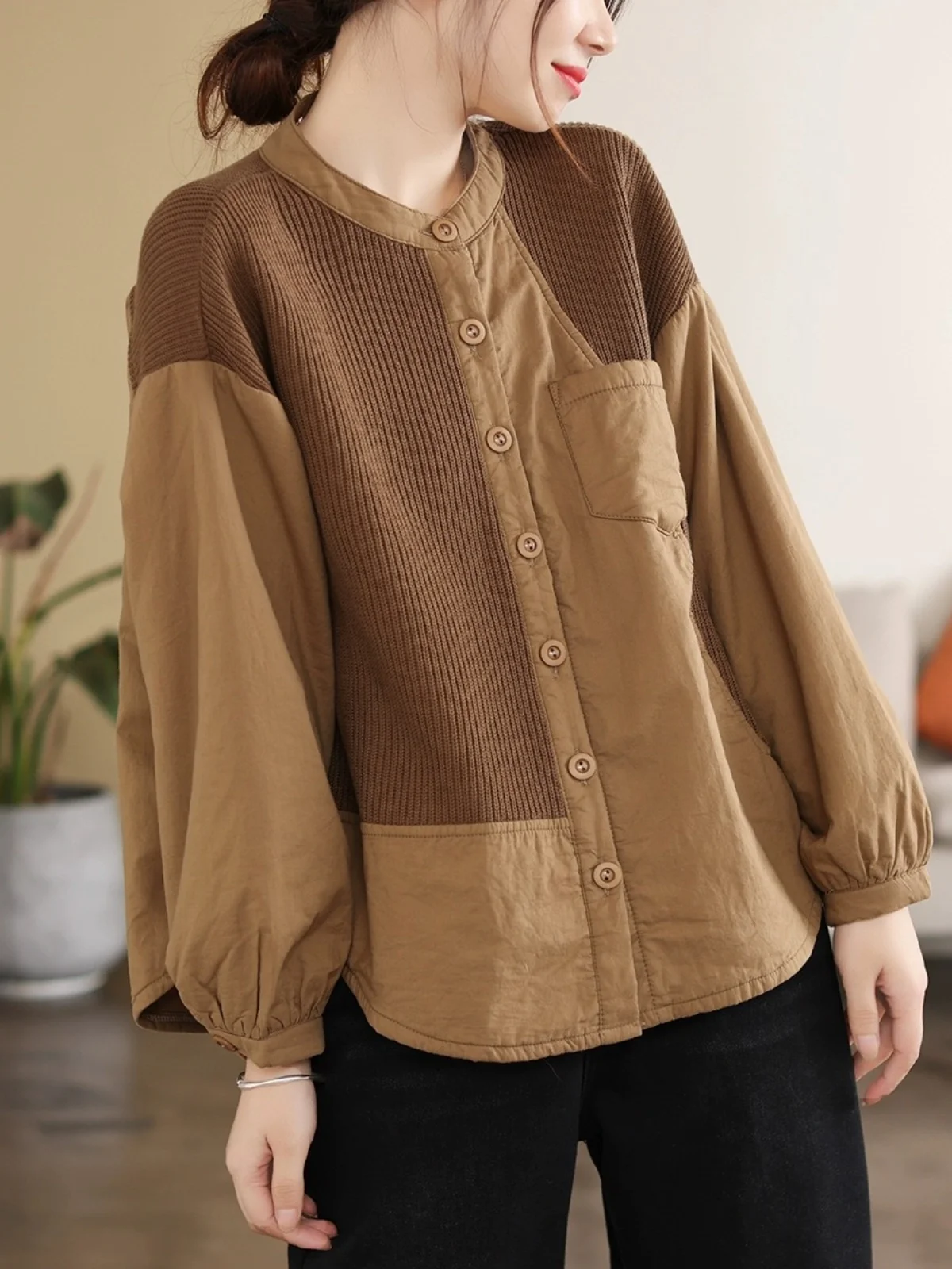 

Женская свободная модная верхняя одежда больших размеров с длинными рукавами, круглым вырезом и одной пуговицей, осенне-зимняя, в стиле пэчворк