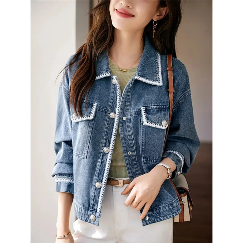 

2025 Female Loose Fitting Cowboy Coat Korean Ladies Fashion Denim Outerwear Summer Women Long Sleeves Woven Tape Jeans Jacket