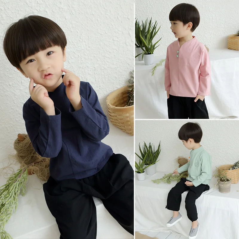 

Spring Autunm New Kids Cotton And Linen Embroidery Clothing Boys Long Sleeve Tang Suit Children Chinese Lovely Two Piece Set