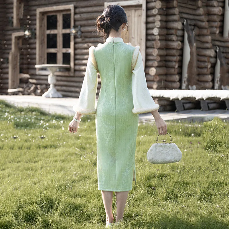 Cute Pulsh Cuff Flare Sleeve Qipao Sexy Slim Mandarin Collar Chinese Dress Female Retro Classic Cheongsam