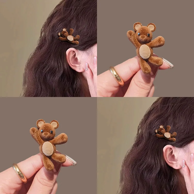 

Cute Flocking Cartoon Bear Metal Hairpin for Women Sweet Hair Ornament Side Hair Clip Barrette Girls Fashion Hair Accessories