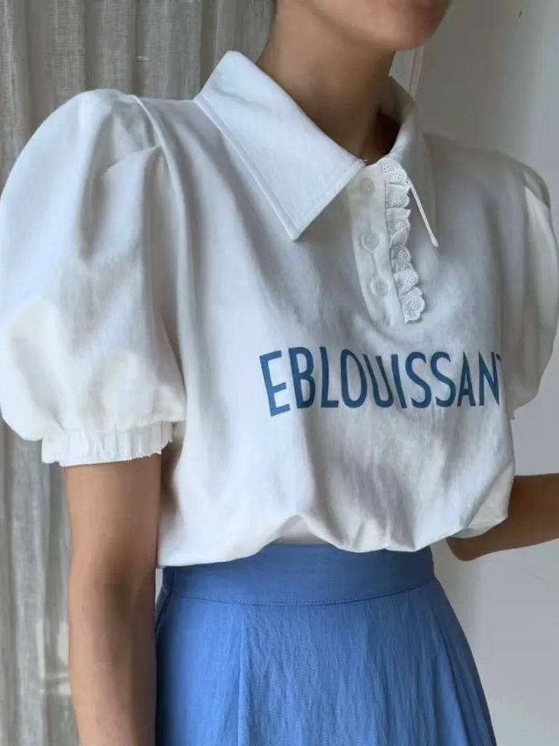 เสื้อสเวตเตอร์พิมพ์ลายตัวอักษร Color Blo สำหรับผู้หญิง รุ่นใหม่ล่าสุดสำหรับฤดูร้อน ดีไซน์ลูกไม้ระบาย แขนพอง คุณภาพเยี่ยม ผลิตจากผ้าถัก