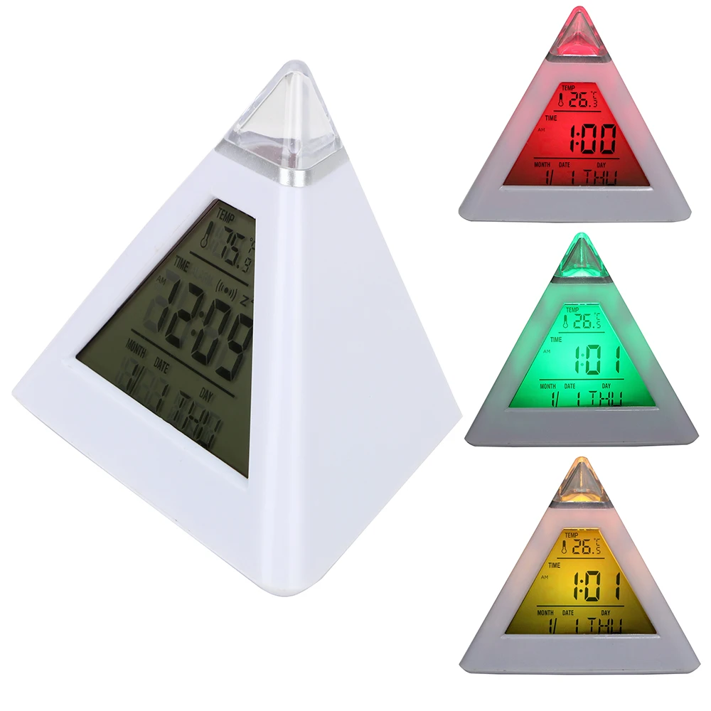 Perpetual Calendar Thermometer Colorful Backlight Change Clock Digital Alarm Clock Triangle Pyramid Home Decoration