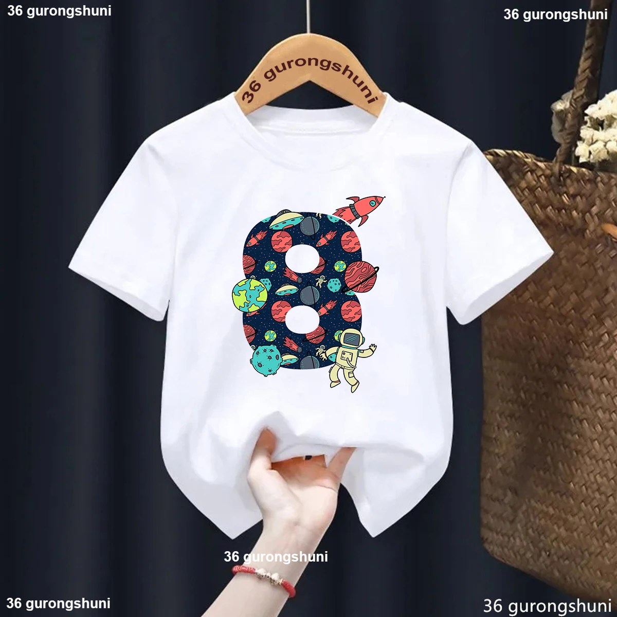 8th Birthday Outer Space Astronauts Printed T Shirt For Girls/Boys Kawaii Kids Clothes Summer Fashion Gray/Bule/Yellow T-Shirt