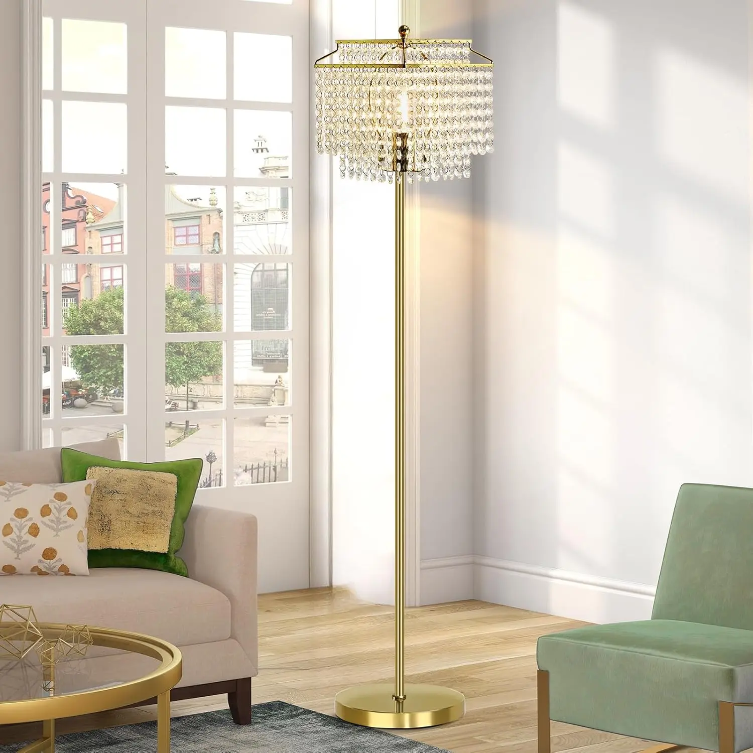 

Elegant 64" Crystal Floor Lamp with On-Off Foot Switch, Double-Layer Shade, LED Bulb for Living Room, Bedroom, Office