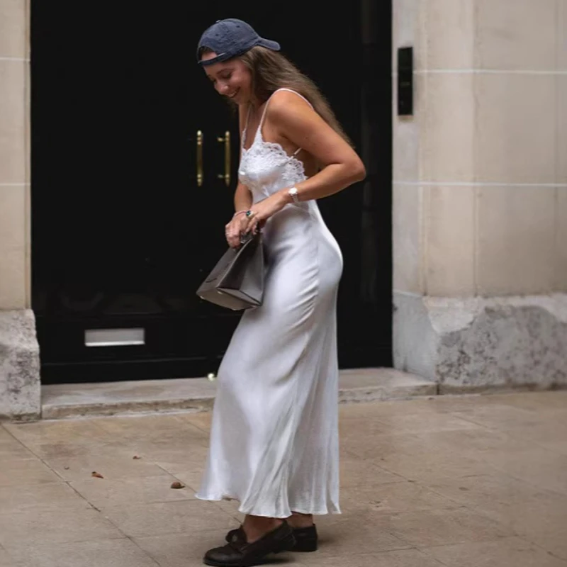 Tsiisd White Satin Lace Spaghetti Strap  Long Dress Women Sexy Backless Sleeveless Fashion Party Evening Dress 2026 Female Dress