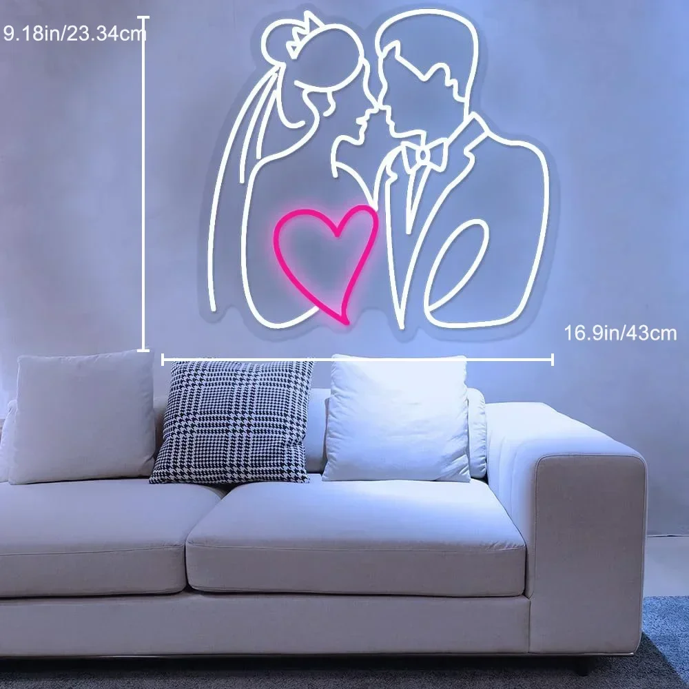 Bride Groom Kiss Neon Sign White Pink LED Wall Art Wedding Couple Heart Glow USB Powered Dimmable Acrylic Lamp Romantic Decor