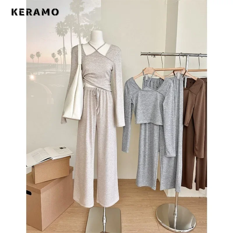 Korean Fashion Casual Style Two-piece Set Women Winter Slim Sexy Long Sleeve Top+Drawstring Trousers Sets Chic Pants Suits