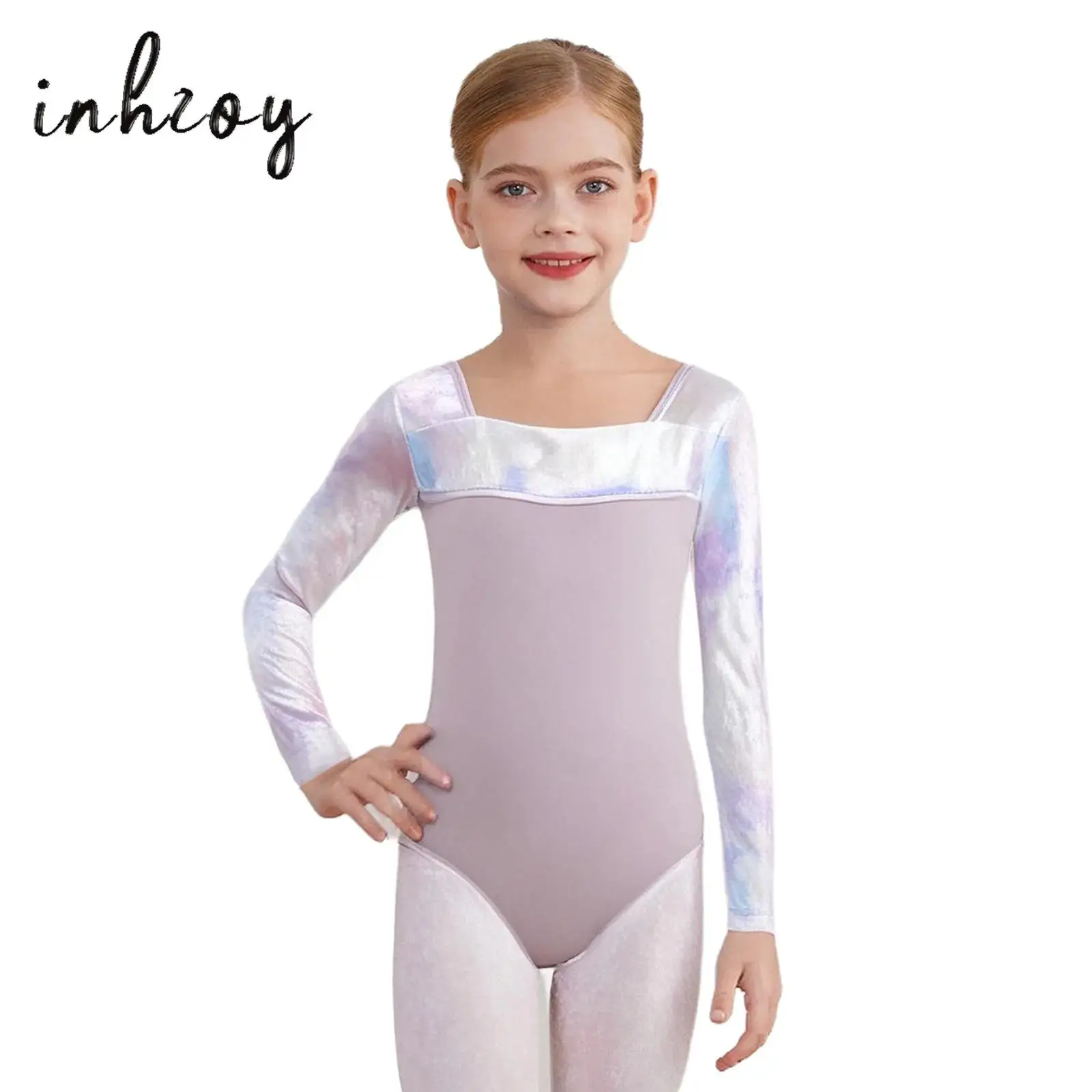 

Kids Girls Ballet Leotard Gymnastics Dance Practice Costume Square Neck Long Sleeves Tie-Dye Velvet Patchwork Bodysuit Dancewear