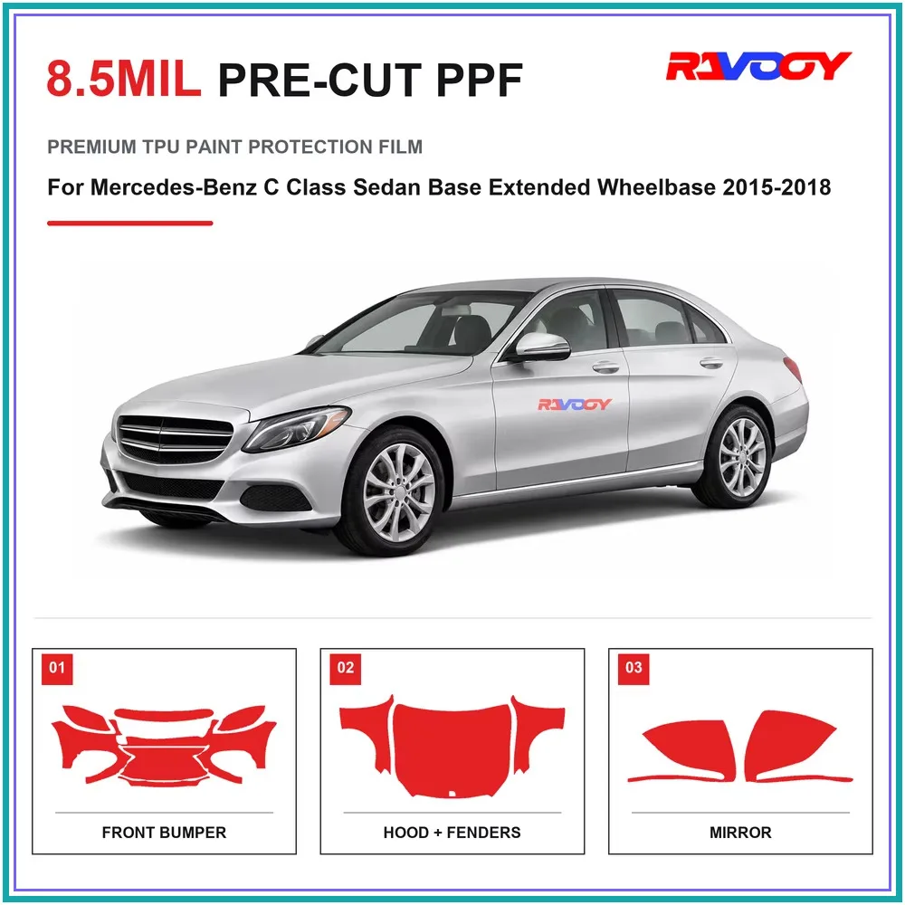 Precut PPF For Mercedes-Benz C Class Sedan Base Extended Wheelbase 2015-2018 8.5mil TPU Clear Paint Protection Film Self Healing
