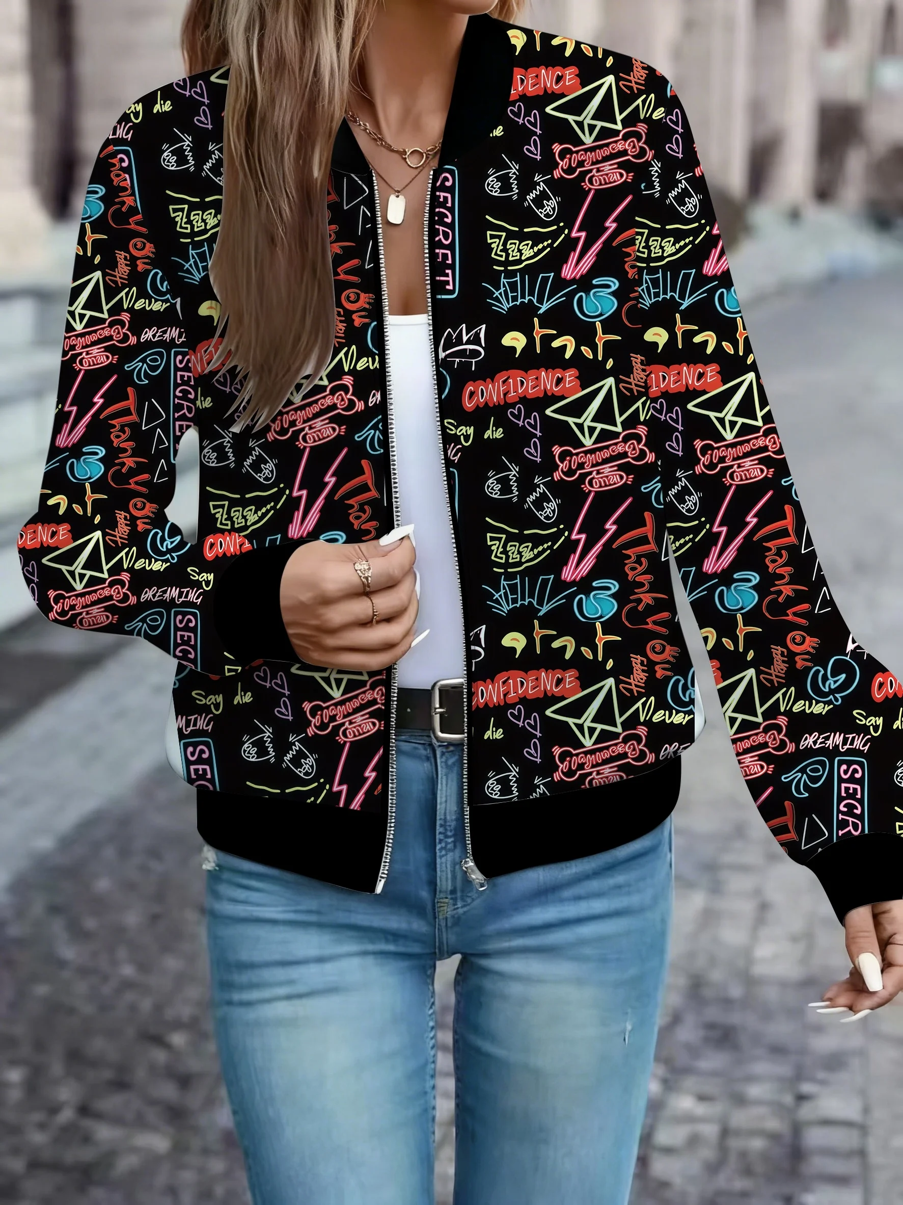 Street-Style Cool Graffiti Letter Print Baseball Jacket Versatile Casual Personality Top Coat