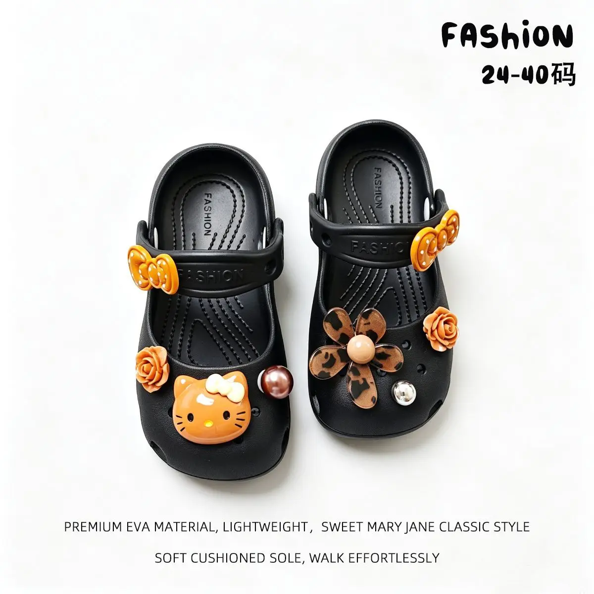 

Kawaii Hello Kitty Charms Leopard Print Flower Decor Non-Slip Garden Shoes Adjustable Strap Summer Beach Casual Slippers 5 Color