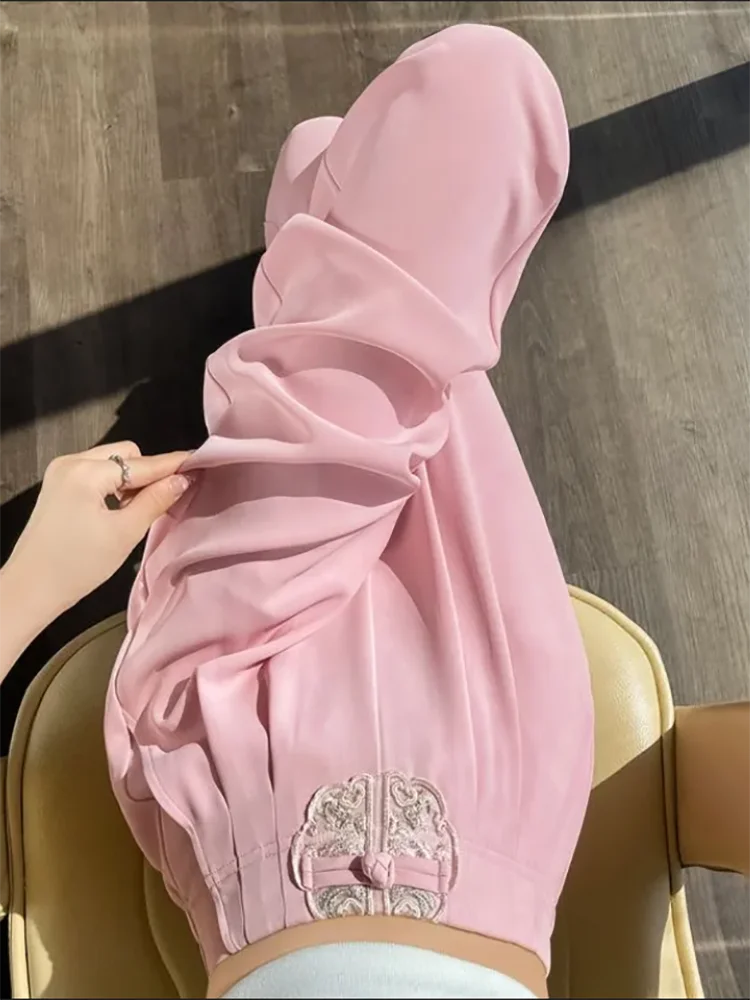 Chinese National Wide Leg Pants Women's 2025 Spring Summer New Suit Casual Pants Chic Embroidery High Waist Straight Long Pants