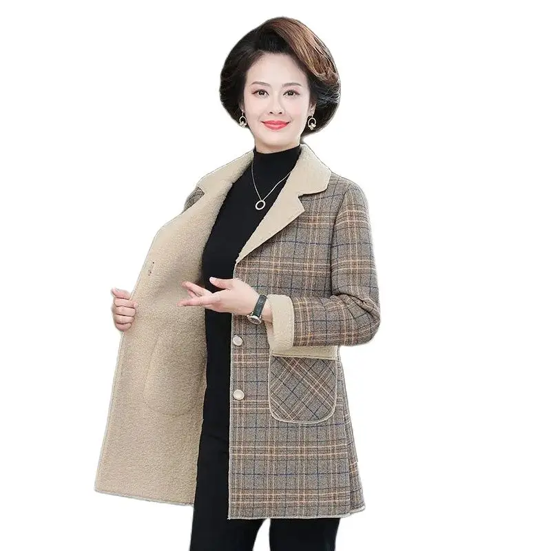 

Middle-Aged Elderly Mothers Autumn And Winter Add Velvet Padded Plaid Coat Medium To Long Keep Warm Windbreaker Woolen Overcoat