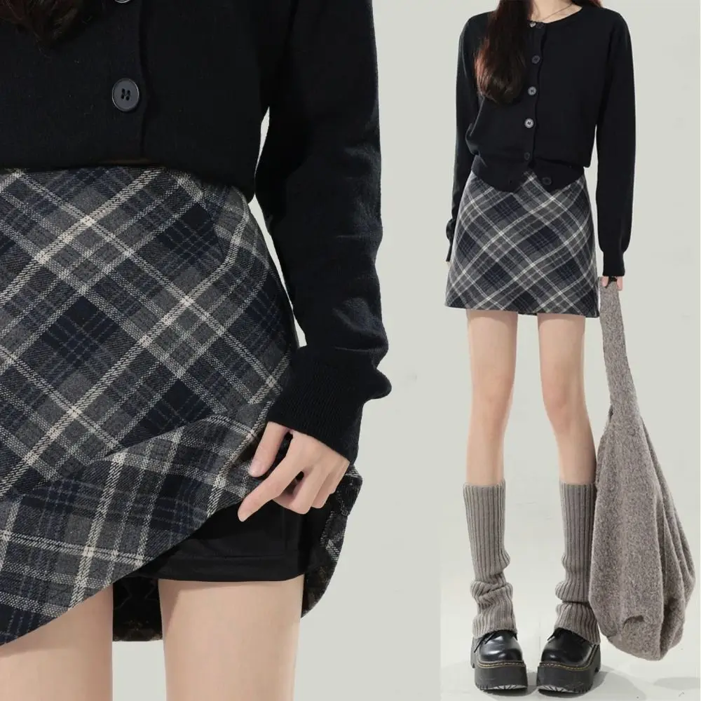 

High Waist Retro Plaid Skirt Winter Autumn Classical High Waist Long Skirt Preppy Style Slim Fit A-line Half Dress Party